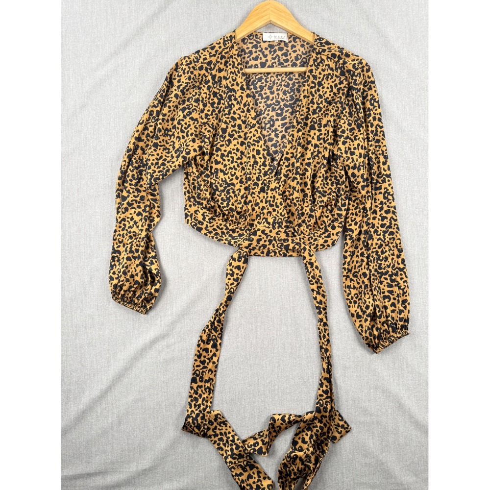 WAYF Womens Leopard Print Wrap Crop Top Brown Black Long Sleeve Small